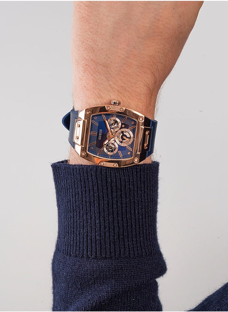 GUESS - ساعة جيس للرجال بإطار ذهبي وردي وجلد أصلي أزرق GW0202G4 - Image 1