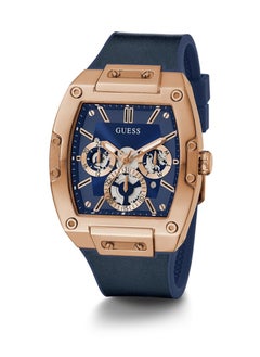 GUESS ساعة جيس للرجال بإطار ذهبي وردي وجلد أصلي أزرق GW0202G4  - Image 5