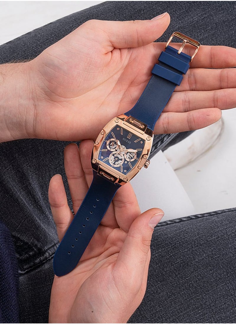 GUESS - ساعة جيس للرجال بإطار ذهبي وردي وجلد أصلي أزرق GW0202G4 - Image 1