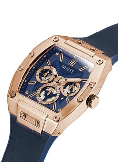 GUESS ساعة جيس للرجال بإطار ذهبي وردي وجلد أصلي أزرق GW0202G4  - Image 4