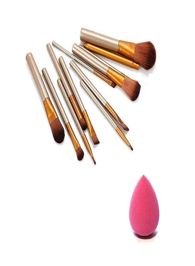 DATNASAYAD Golden Synthetic Fibers Makeup Brush With 1 Blender Puff - (Set Of 12) Brush - Image 1