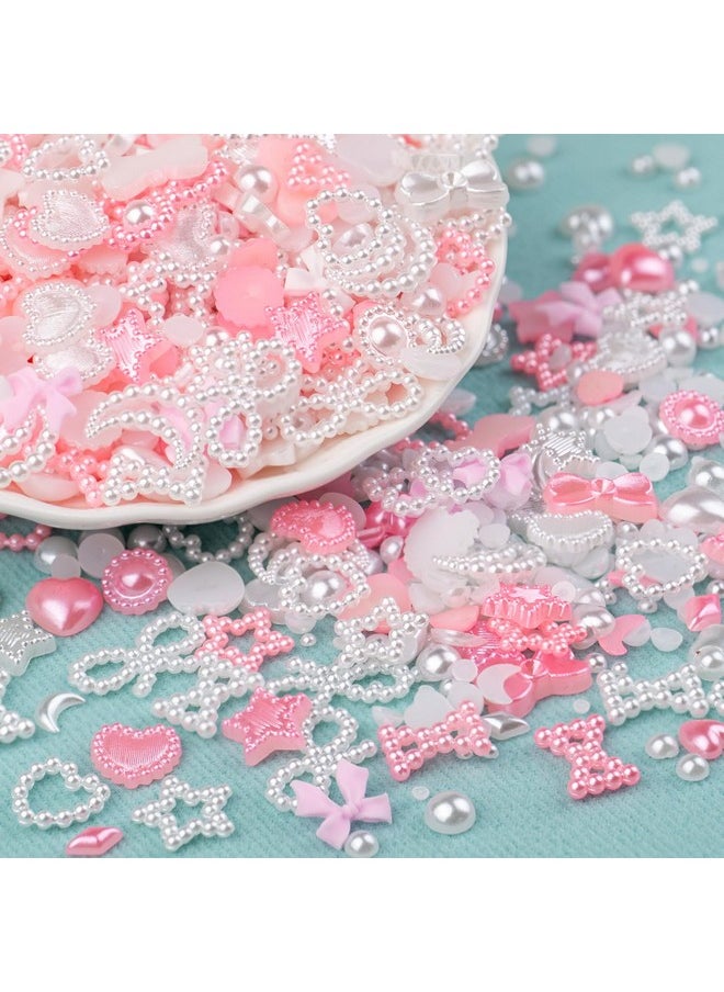 BELLEBOOST 1200Pcs 3D Multi Shapes Nail Charms and Flatback Pearls, White&Pink Mix Styles Heart Star Bow Sunflower Embellishments for Nail Art, Craft and Decoration with Tweezer and Pickup Pencil  - Image 2