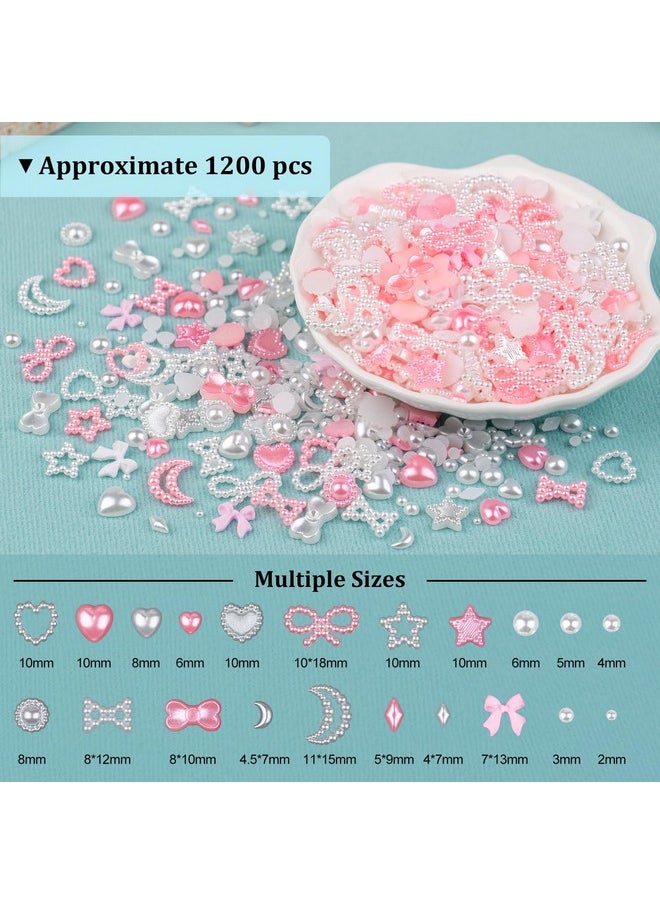 BELLEBOOST 1200Pcs 3D Multi Shapes Nail Charms and Flatback Pearls, White&Pink Mix Styles Heart Star Bow Sunflower Embellishments for Nail Art, Craft and Decoration with Tweezer and Pickup Pencil  - Image 3