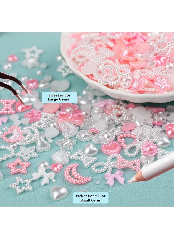BELLEBOOST 1200Pcs 3D Multi Shapes Nail Charms and Flatback Pearls, White&Pink Mix Styles Heart Star Bow Sunflower Embellishments for Nail Art, Craft and Decoration with Tweezer and Pickup Pencil  - Image 4