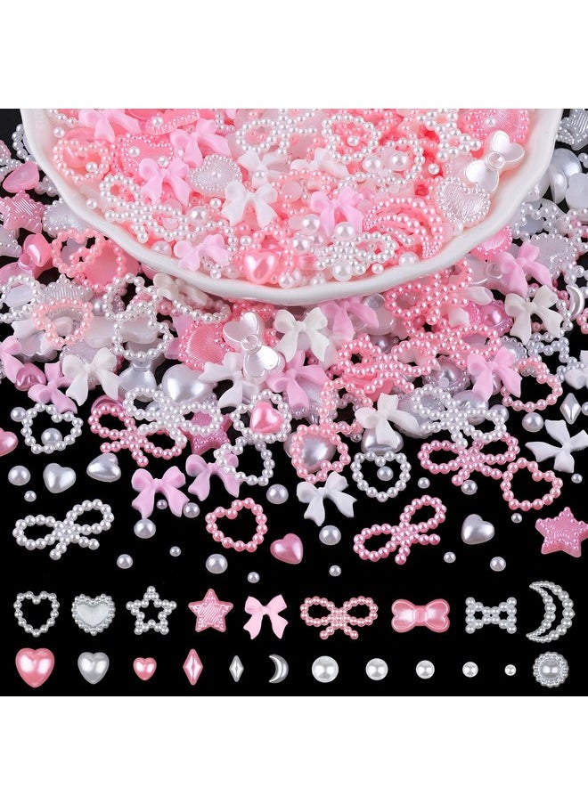 BELLEBOOST 1200Pcs 3D Multi Shapes Nail Charms and Flatback Pearls, White&Pink Mix Styles Heart Star Bow Sunflower Embellishments for Nail Art, Craft and Decoration with Tweezer and Pickup Pencil  - Image 1