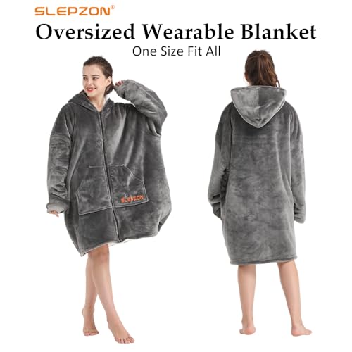 SLEPZON Blanket Hoodie | Oversized Wearable Blanket - Deep Pockets, Comfy Sleeves, Front Zipper - Deluxe Fleece Sweatshirt Blanket - Grey - Image 2