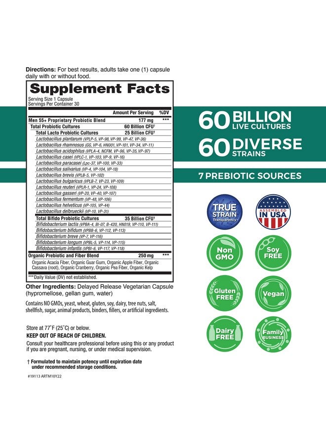 Vital Planet Vital Flora Men 55+ Daily Shelf Stable Probiotic 60 Billion Digestive Support Probiotics For Men With Prebiotic Fiber 30 Capsule - Image 2