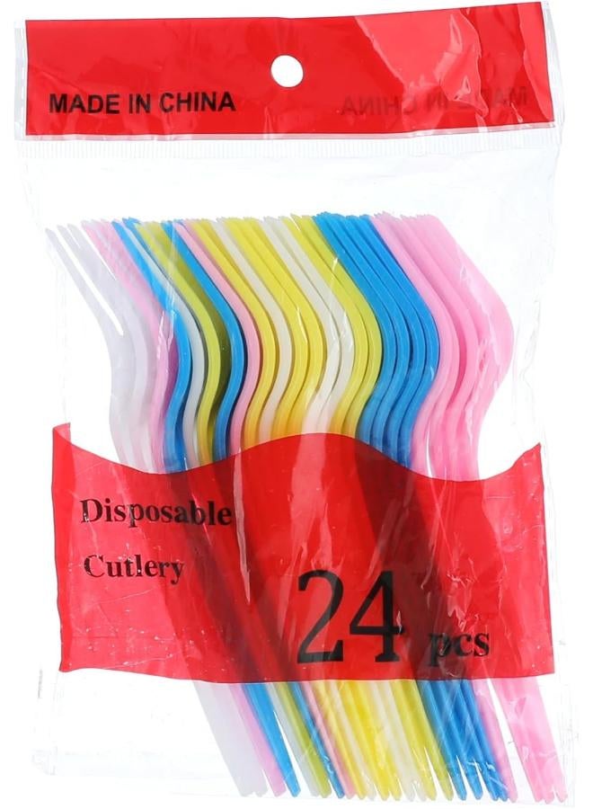 Plastic Fork With Colorful Design For Different Occasions And Parties And Birthday Set Of 24 Pieces - Multi Color