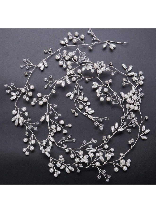 Denifery Bridal Rose Gold And Gold Silver Extra Long Pearl And Crystal Beads Bridal Hair Vine Wedding Head Piece Headband Hair Jewelry Hair Accessories (Silver) - Image 3