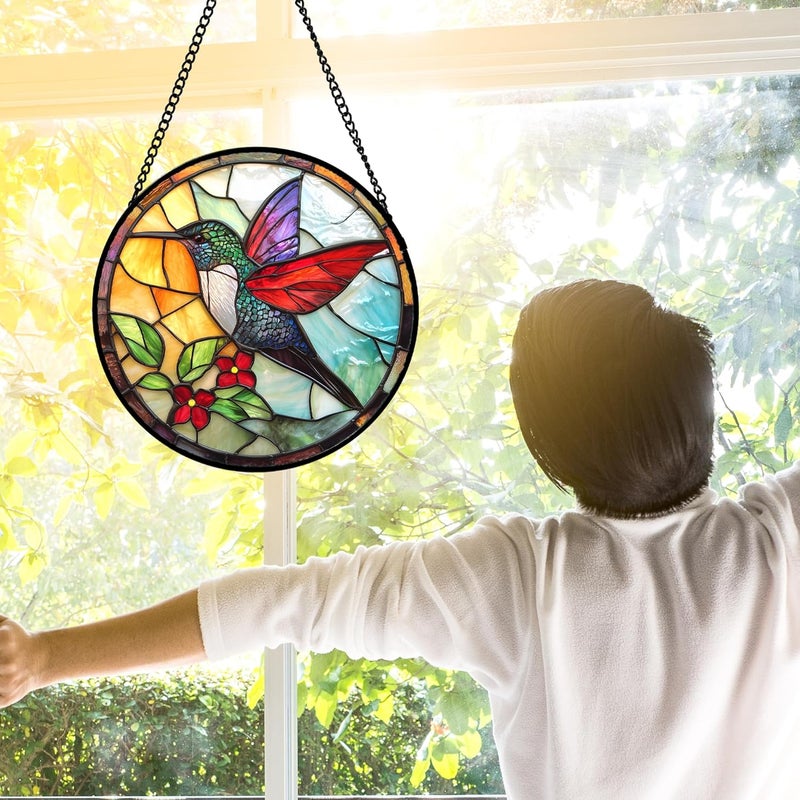 DASTOLL Stained Glass Window Hanging, Hummingbird Gifts Sun Catchers Diamond Glass Panel Hangings Birds Suncatcher Decor for Birthday for Women, Men, Wife, Aunt, and Mom 9.8X9.8IN - Image 4