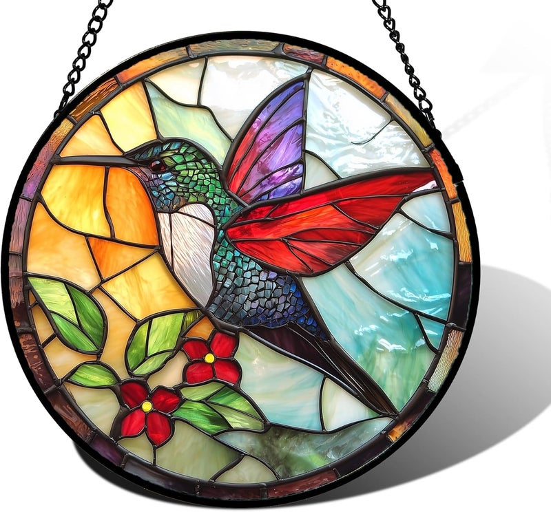 DASTOLL Stained Glass Window Hanging, Hummingbird Gifts Sun Catchers Diamond Glass Panel Hangings Birds Suncatcher Decor for Birthday for Women, Men, Wife, Aunt, and Mom 9.8X9.8IN - Image 1