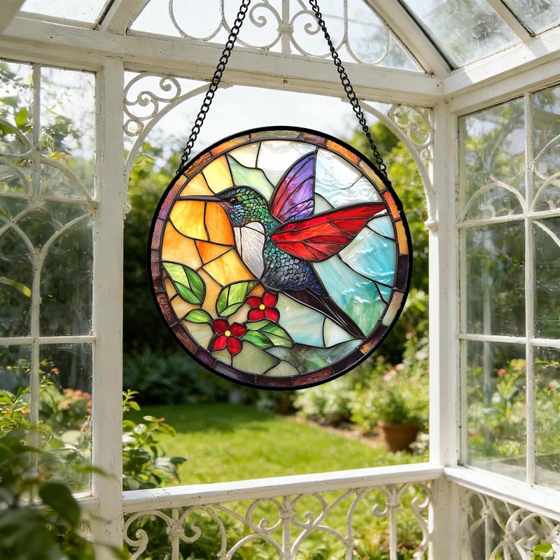 DASTOLL Stained Glass Window Hanging, Hummingbird Gifts Sun Catchers Diamond Glass Panel Hangings Birds Suncatcher Decor for Birthday for Women, Men, Wife, Aunt, and Mom 9.8X9.8IN - Image 5