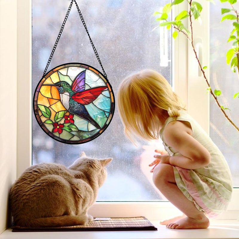 DASTOLL Stained Glass Window Hanging, Hummingbird Gifts Sun Catchers Diamond Glass Panel Hangings Birds Suncatcher Decor for Birthday for Women, Men, Wife, Aunt, and Mom 9.8X9.8IN - Image 2