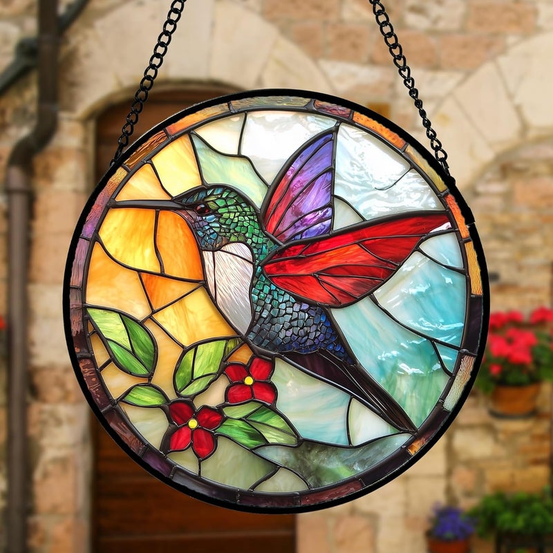 DASTOLL Stained Glass Window Hanging, Hummingbird Gifts Sun Catchers Diamond Glass Panel Hangings Birds Suncatcher Decor for Birthday for Women, Men, Wife, Aunt, and Mom 9.8X9.8IN - Image 3