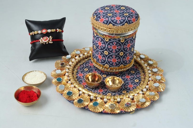 Ghoomar art Handicraft Foam Flower Mirrow Work Wooden with decor fabric Pooja Plate with 300gm Steel Decor Dabba and two beautiful Couple Rakhi Special for Rakshabandhan Blue - Image 1