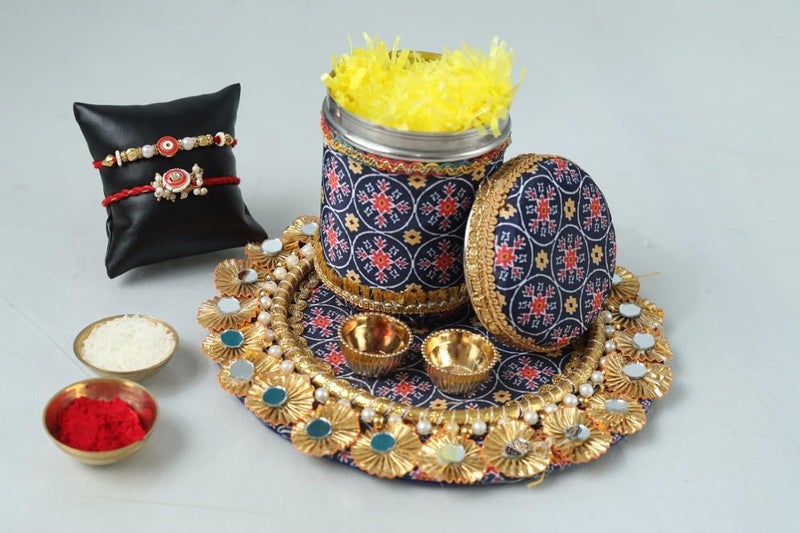Ghoomar art Handicraft Foam Flower Mirrow Work Wooden with decor fabric Pooja Plate with 300gm Steel Decor Dabba and two beautiful Couple Rakhi Special for Rakshabandhan Blue - Image 2