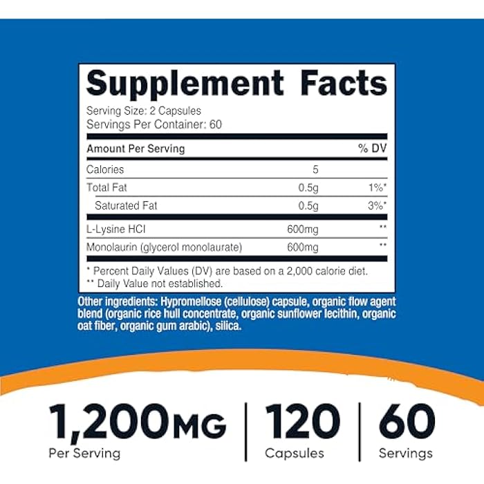 Nutricost L-Lysine + Monolaurin (1,200mg) 120 Capsules - L-Lysine HCI, Vegan, GMO-Free, Gluten-Free, 60 Servings - Image 2