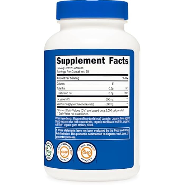 Nutricost L-Lysine + Monolaurin (1,200mg) 120 Capsules - L-Lysine HCI, Vegan, GMO-Free, Gluten-Free, 60 Servings - Image 5