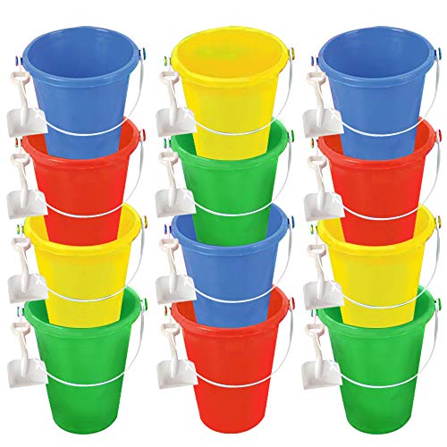 ArtCreativity 6 Inch Mini Plastic Beach Bucket and Shovel Set Pack of 12 Assorted Colors Buckets and White Shovels Summer Beach Toys Practical Gift Party Favor and Prize - Image 1
