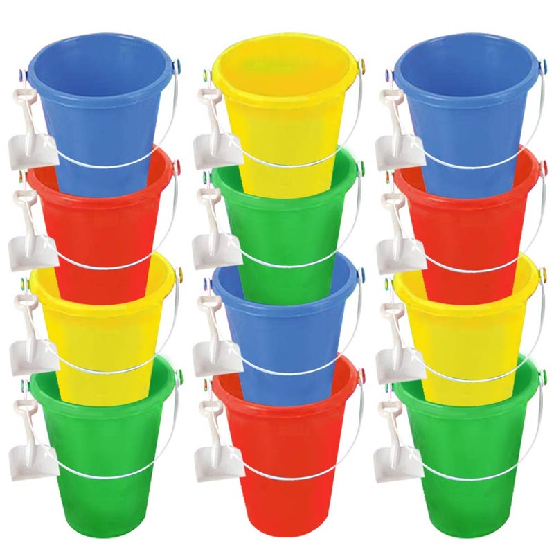 ArtCreativity 6 Inch Mini Plastic Beach Bucket and Shovel Set Pack of 12 Assorted Colors Buckets and White Shovels Summer Beach Toys Practical Gift Party Favor and Prize - Image 2