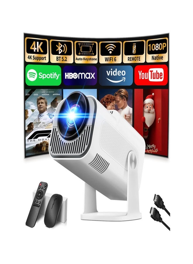 Nonete [Projector 2026 Upgraded] Mini Projector Support 4K 1080P Auto Keystone 270°Rotatable with WiFi 6 and Bluetooth 5.2 Projector Portable Compatibile with HDMI/TV Stick/Memory Stick/Laptop,White - Image 1