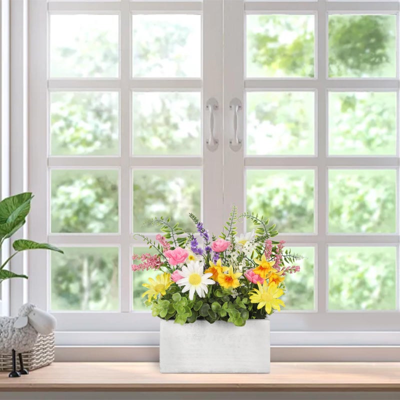 Briful Table Floral Arrangement Centerpiece, Artificial Flowers in Wooden Vase, Flower Plants Centerpieces for Tables, Farmhouse Table Decor, Living Room Dining Coffee Table Shelf Decor - Image 4