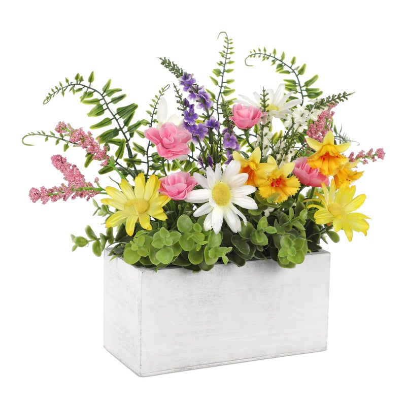 Briful Table Floral Arrangement Centerpiece, Artificial Flowers in Wooden Vase, Flower Plants Centerpieces for Tables, Farmhouse Table Decor, Living Room Dining Coffee Table Shelf Decor - Image 1