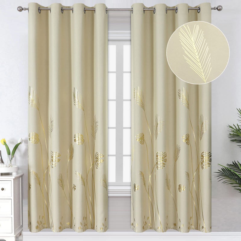 Estelar Textiler Tropical Leaves Window Curtains Grommet Gold Palm Tree Blackout Curtains Window Drapes for Living Room Bedroom 52Wx72L Beige 2 Drapes