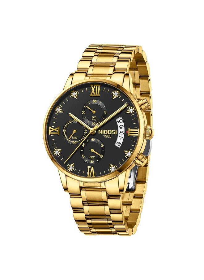 NIBOSI - NIBOSI Watch For Men Fashion Business Men Analogue Watches Ultra-Thin Waterproof Chronograph Quartz Watches With Stainless Steel Band, Dial Color-Gold, Band Color-Gold - Image 1