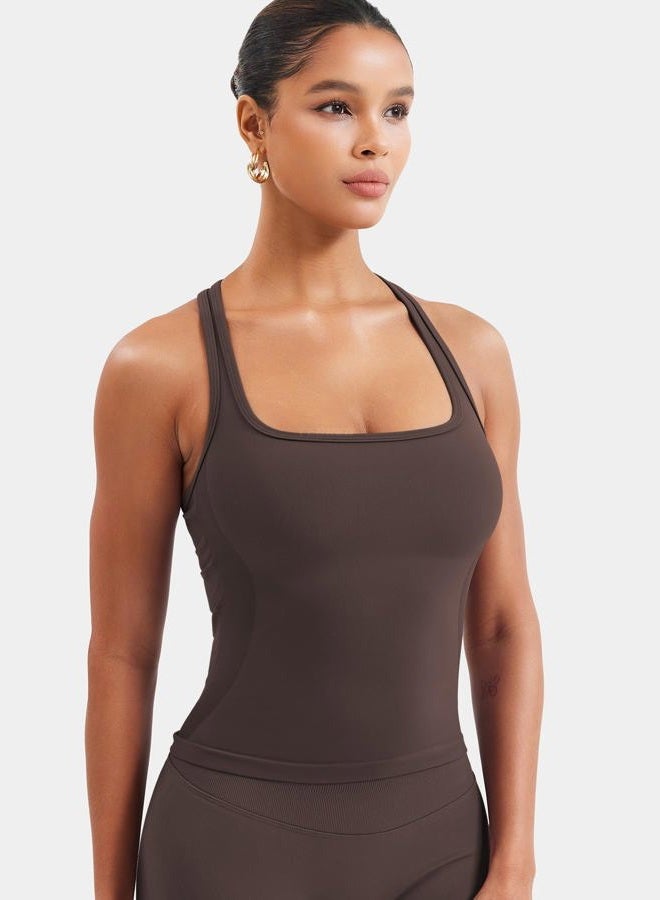 YEOREO Esteile Workout Tank Tops for Women Square Neck Sleeveless Camisole Tops Seamless Racerback Gym Athletic Yoga Shirts, Coffee, XS - Image 3