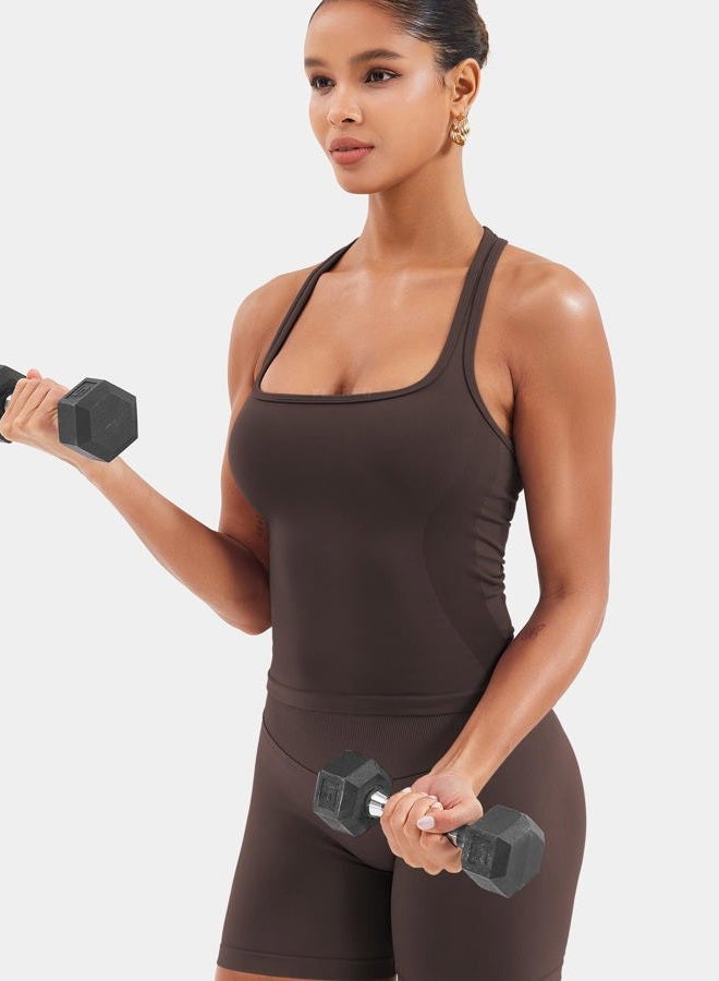 YEOREO Esteile Workout Tank Tops for Women Square Neck Sleeveless Camisole Tops Seamless Racerback Gym Athletic Yoga Shirts, Coffee, XS - Image 5