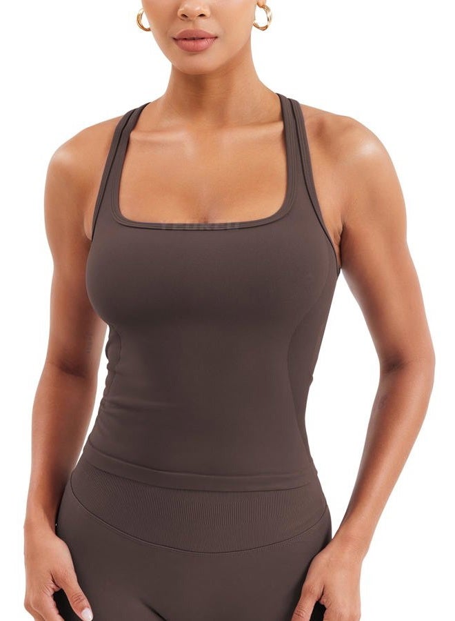 YEOREO Esteile Workout Tank Tops for Women Square Neck Sleeveless Camisole Tops Seamless Racerback Gym Athletic Yoga Shirts, Coffee, XS - Image 1