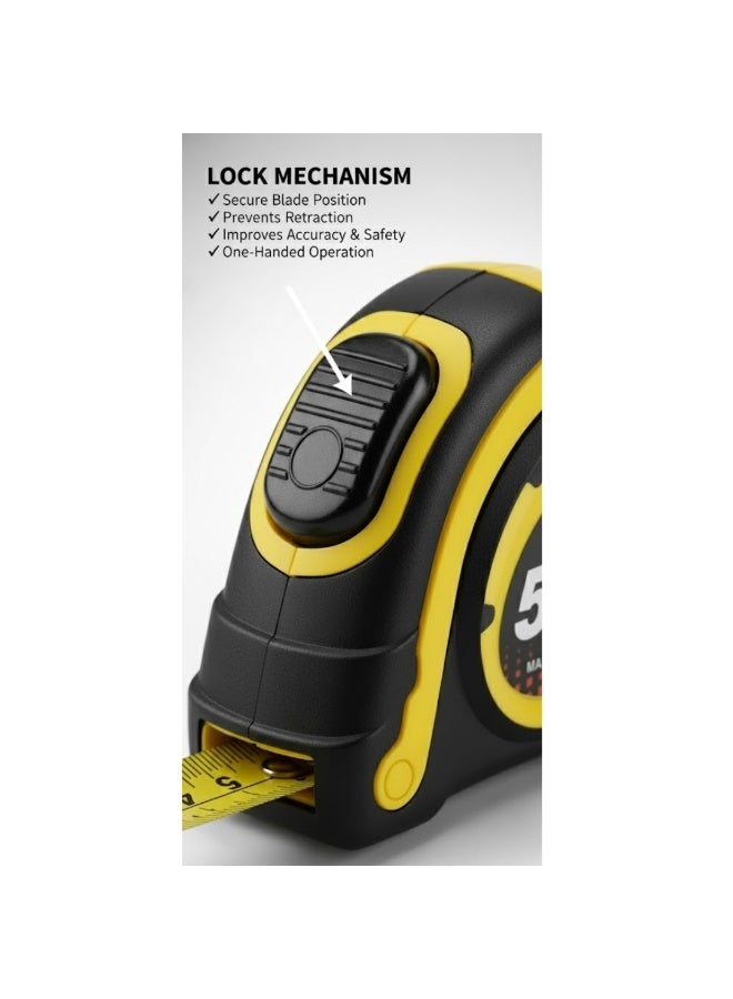 لوكاداه شريط قياس بقفل تلقائي، طوله 16 قدمًا (5 أمتار)، قابل للسحب من الجانب، بمقياس بوصة/متري، دقة متوسطة، مناسب للكهربائيين والنجارين والمساحين والمهندسين، مع غلاف مطاطي واقٍ. - Image 4