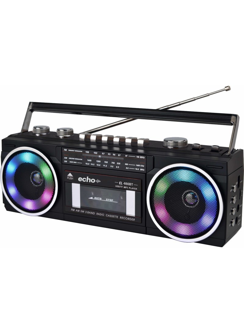 Echo Audio Retro Blast LIT Bluetooth Boombox, Portable Cassette/Tape Player, LED Lights, AM/FM/SW Radio, Two Speakers, Voice Recorder, Headphone Jack, Supports USB & micro SD Card (LIT Speaker LEDs) - Image 1