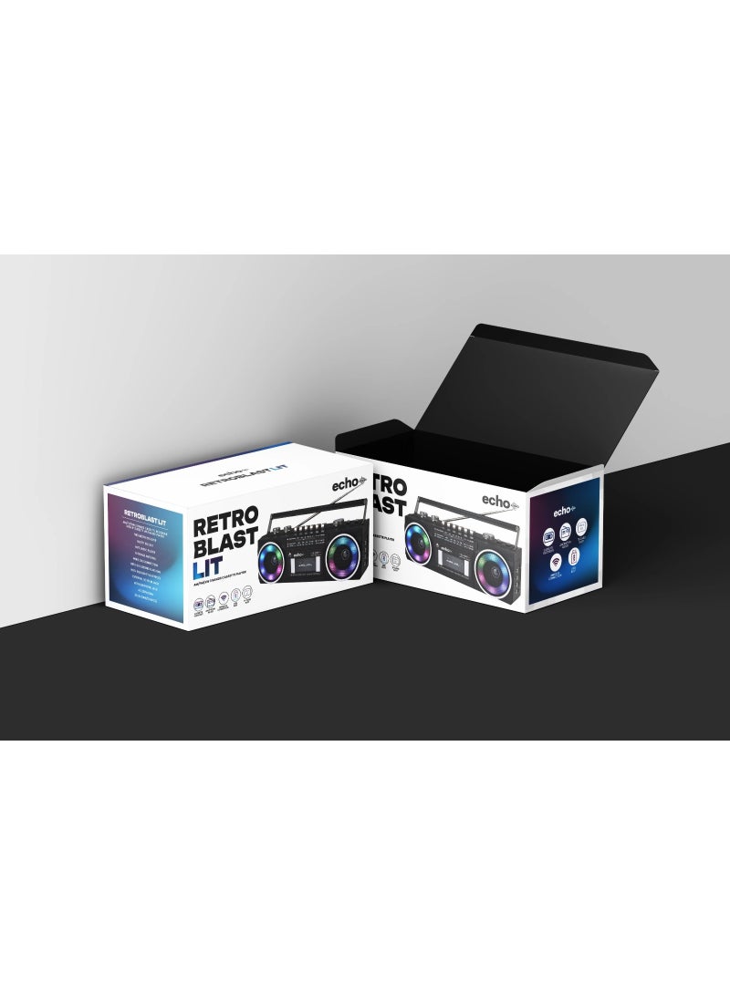 Echo Audio Retro Blast LIT Bluetooth Boombox, Portable Cassette/Tape Player, LED Lights, AM/FM/SW Radio, Two Speakers, Voice Recorder, Headphone Jack, Supports USB & micro SD Card (LIT Speaker LEDs) - Image 2