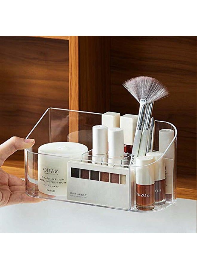 SUNFICON Makeup Tray Holder Organizer Cosmetic Display Case Tabletop Desktop Vanity Countertop Bathroom Wall Cabinet Medicine Storage Box 9 Dividers 2 Removable for Womens Ladies Girls Crystal Clear - Image 1