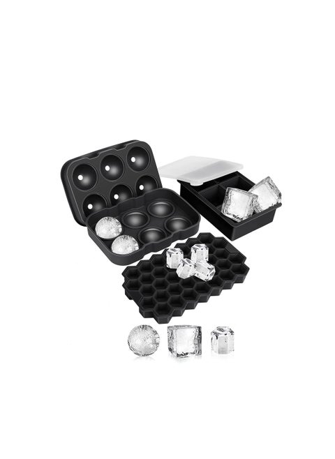 Ice Cube Tray, Ice Trays for Freezer With Lid(Set of 3), Silicone Large Round Ice Cube Tray, Sphere Square Honeycomb Ice Trays, for Cocktails and Bourbon, Reusable Ice Cube Trays BPA-Free