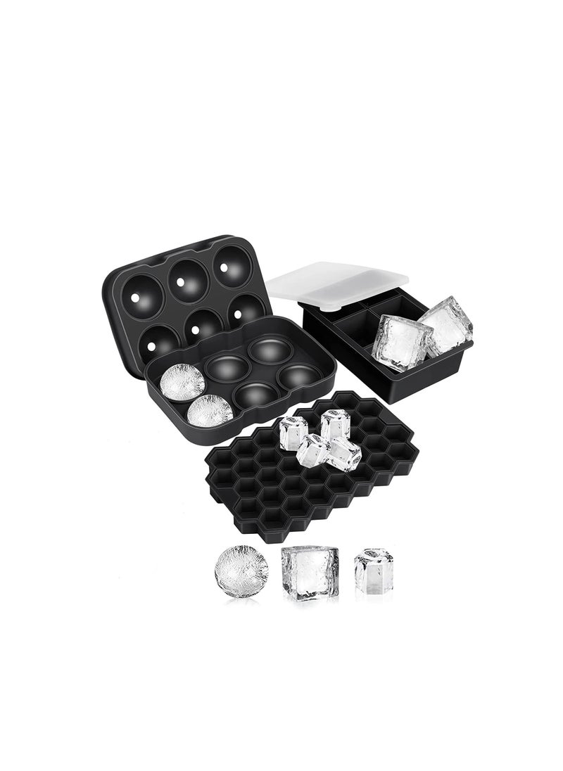 Ice Cube Tray, Ice Trays for Freezer With Lid(Set of 3), Silicone Large Round Ice Cube Tray, Sphere Square Honeycomb Ice Trays, for Cocktails and Bourbon, Reusable Ice Cube Trays BPA-Free