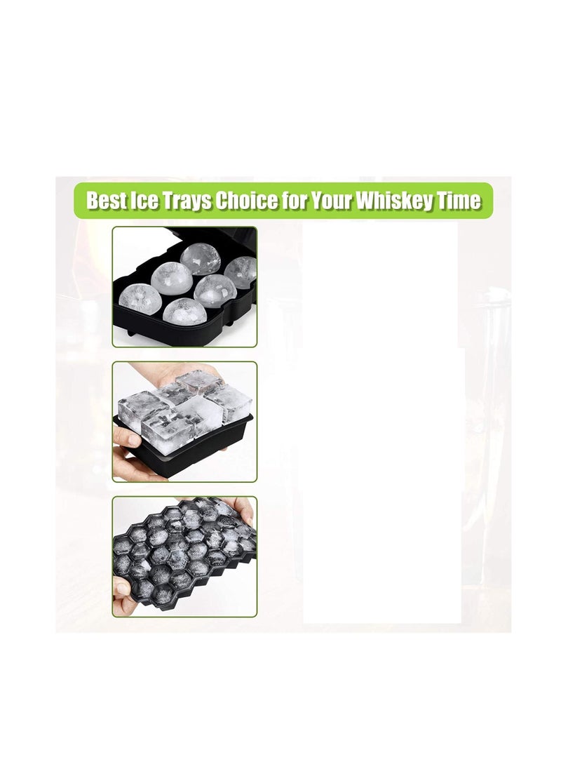 Ice Cube Tray, Ice Trays for Freezer With Lid(Set of 3), Silicone Large Round Ice Cube Tray, Sphere Square Honeycomb Ice Trays, for Cocktails and Bourbon, Reusable Ice Cube Trays BPA-Free