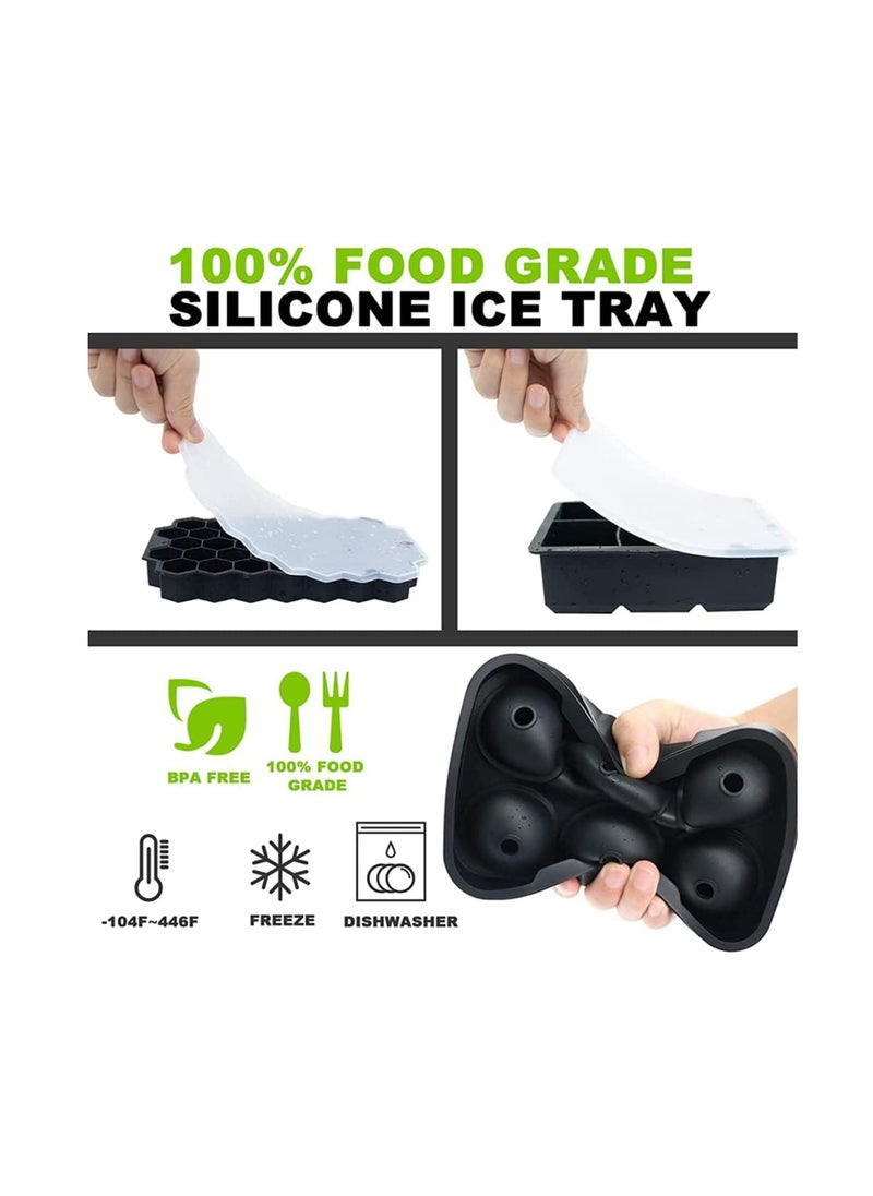 Ice Cube Tray, Ice Trays for Freezer With Lid(Set of 3), Silicone Large Round Ice Cube Tray, Sphere Square Honeycomb Ice Trays, for Cocktails and Bourbon, Reusable Ice Cube Trays BPA-Free