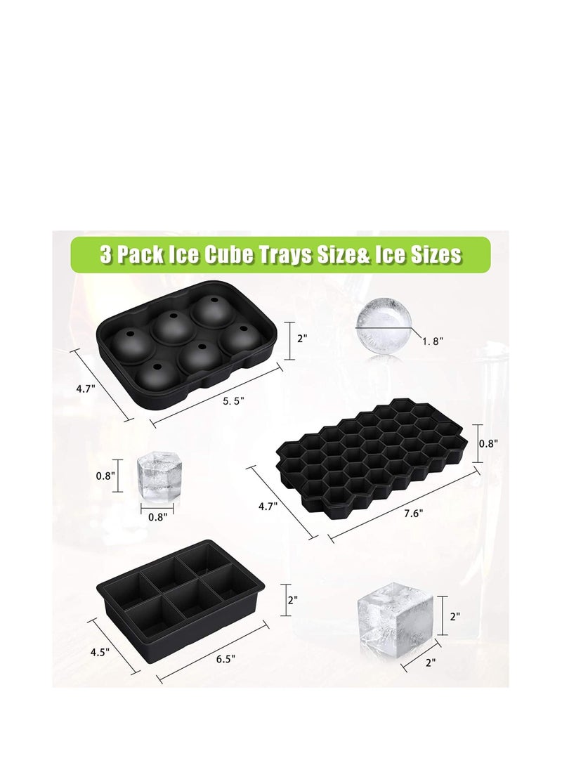 Ice Cube Tray, Ice Trays for Freezer With Lid(Set of 3), Silicone Large Round Ice Cube Tray, Sphere Square Honeycomb Ice Trays, for Cocktails and Bourbon, Reusable Ice Cube Trays BPA-Free