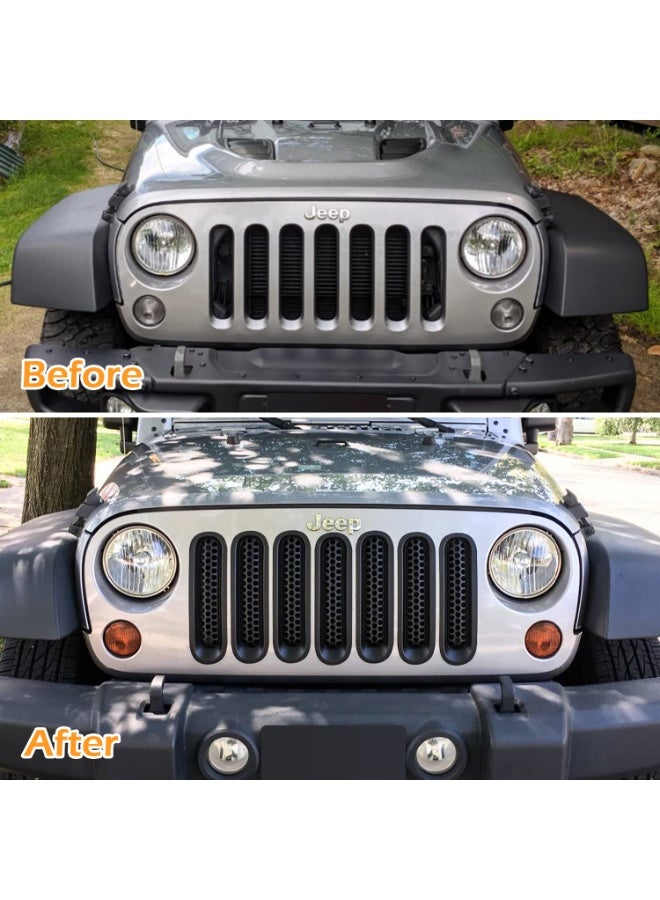 إدخالات شبكة أمامية 7PCS لجيب رانجلر JK JKU Sport Freedom Rubicon Sahara Unlimited 2007-2018 ملحقات خارجية: غطاء واقي الشبك الأمامي (أسود غير مطفي) - Image 4