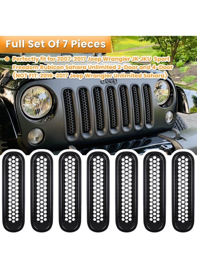 إدخالات شبكة أمامية 7PCS لجيب رانجلر JK JKU Sport Freedom Rubicon Sahara Unlimited 2007-2018 ملحقات خارجية: غطاء واقي الشبك الأمامي (أسود غير مطفي) - Image 2