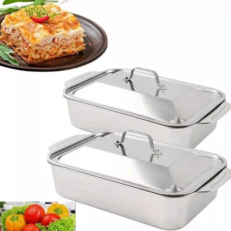 Swejos Swejos Stainless Steel Serving Tray Roasting Pan with Cover Tray for Fish Modern Kitchen Roasting Pan,Kitchen Thickened Baking Pan Bakeware with Handle Lid (Pack of 2)  - Image 1