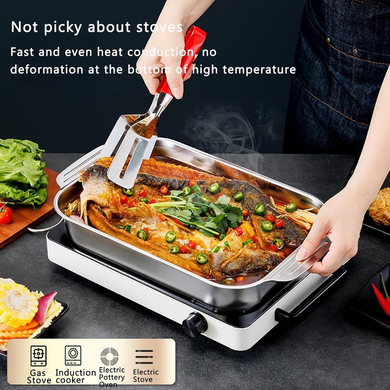 Swejos Swejos Stainless Steel Serving Tray Roasting Pan with Cover Tray for Fish Modern Kitchen Roasting Pan,Kitchen Thickened Baking Pan Bakeware with Handle Lid (Pack of 2)  - Image 4