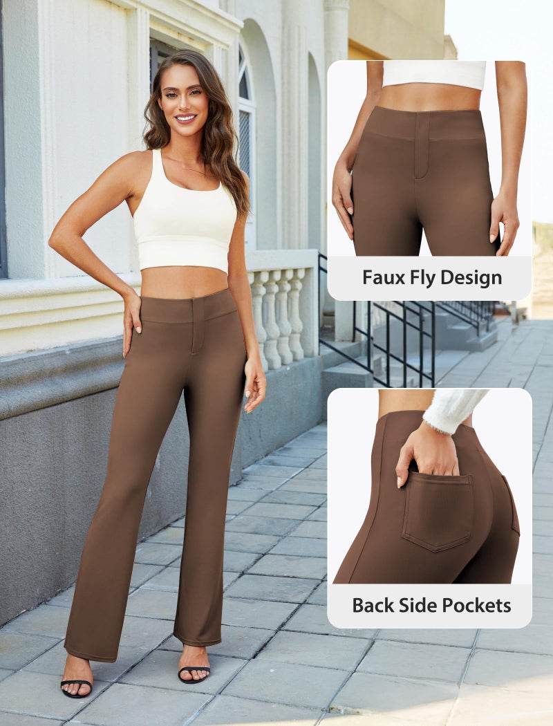 DLOODA Womens Bootcut Dress Pants Business Casual Work Pants with Pockets High Waist Stretchy Trousers Pull On Office Slacks Brown - Image 4