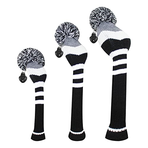 Scott Edward Golf Headcovers for Woods Set of 3 Fits Driver 460cc Fairway Wood and Hybrid UT Double Layered Knitted Acrylic Material Black Grey White Stripe Unisex - Image 1