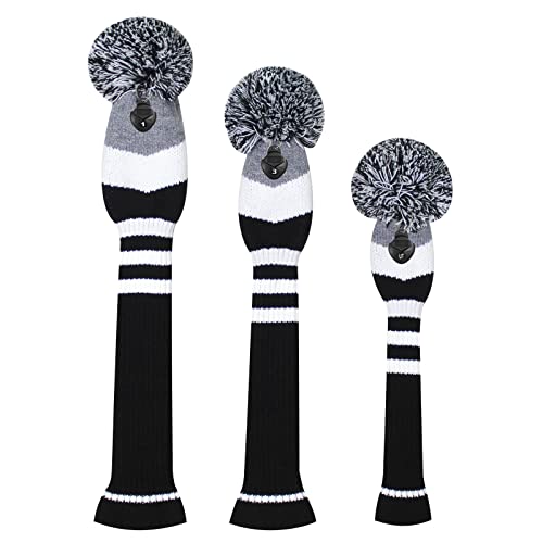 Scott Edward Golf Headcovers for Woods Set of 3 Fits Driver 460cc Fairway Wood and Hybrid UT Double Layered Knitted Acrylic Material Black Grey White Stripe Unisex - Image 3