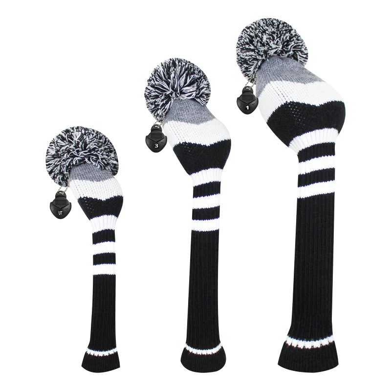 Scott Edward Golf Headcovers for Woods Set of 3 Fits Driver 460cc Fairway Wood and Hybrid UT Double Layered Knitted Acrylic Material Black Grey White Stripe Unisex - Image 2