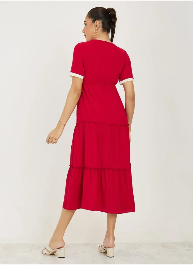 Take Two Contrast Neck Bow Detail Tiered Midi Dress